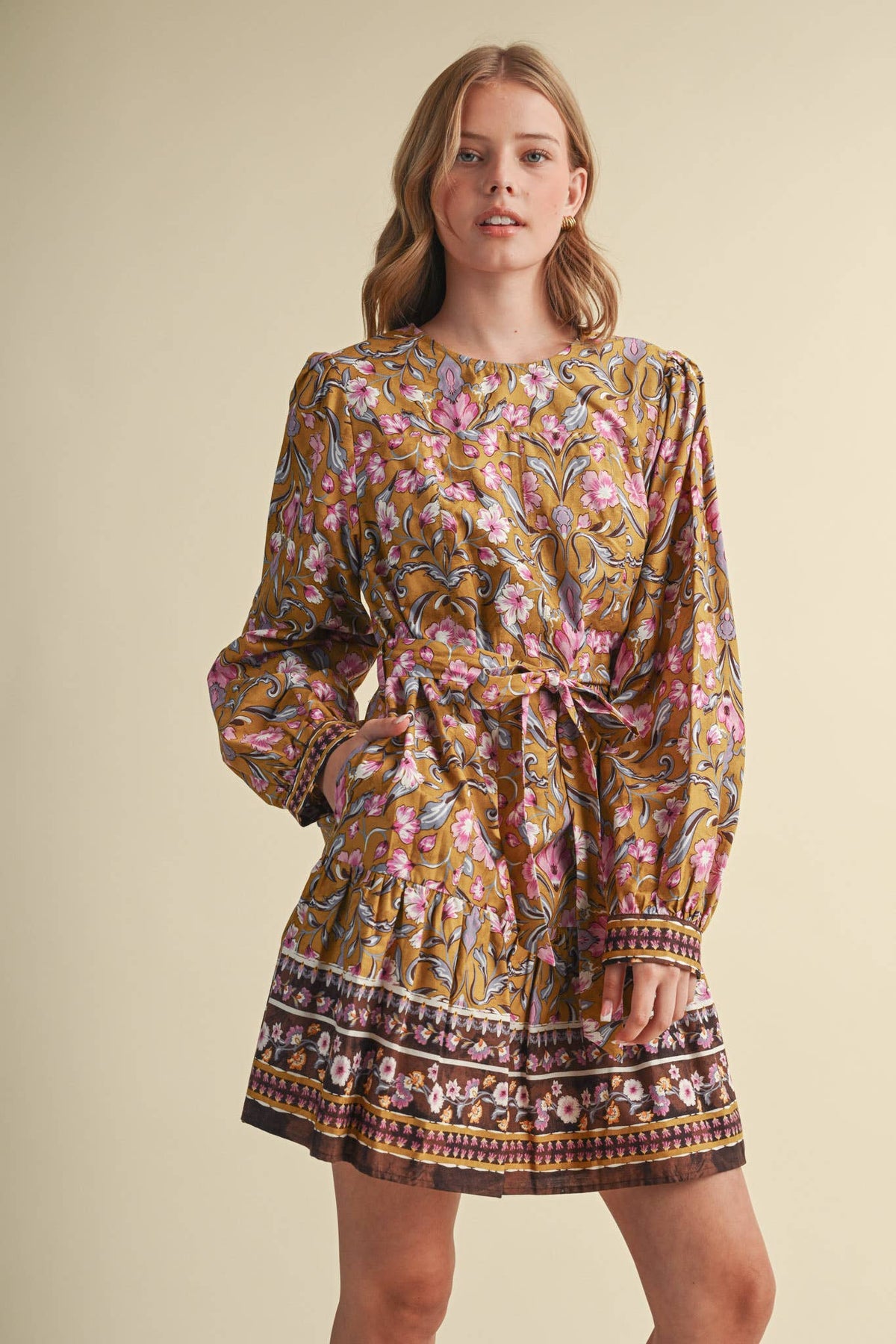 &MERCI Floral Border Print Belted Mini Dress - Brown/Olive Multi