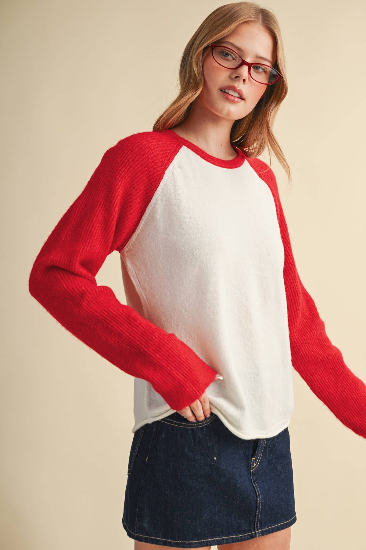 &MERCI Blue/White Sweater Knit Raglan Baseball Tee