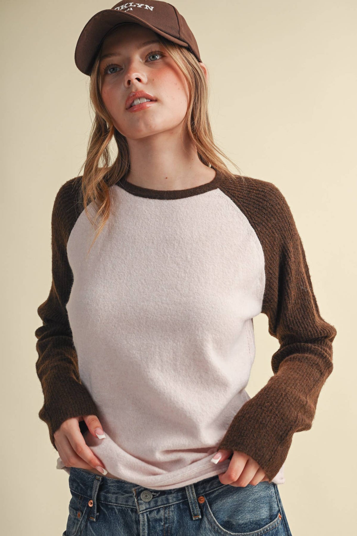 &MERCI Blue/White Sweater Knit Raglan Baseball Tee