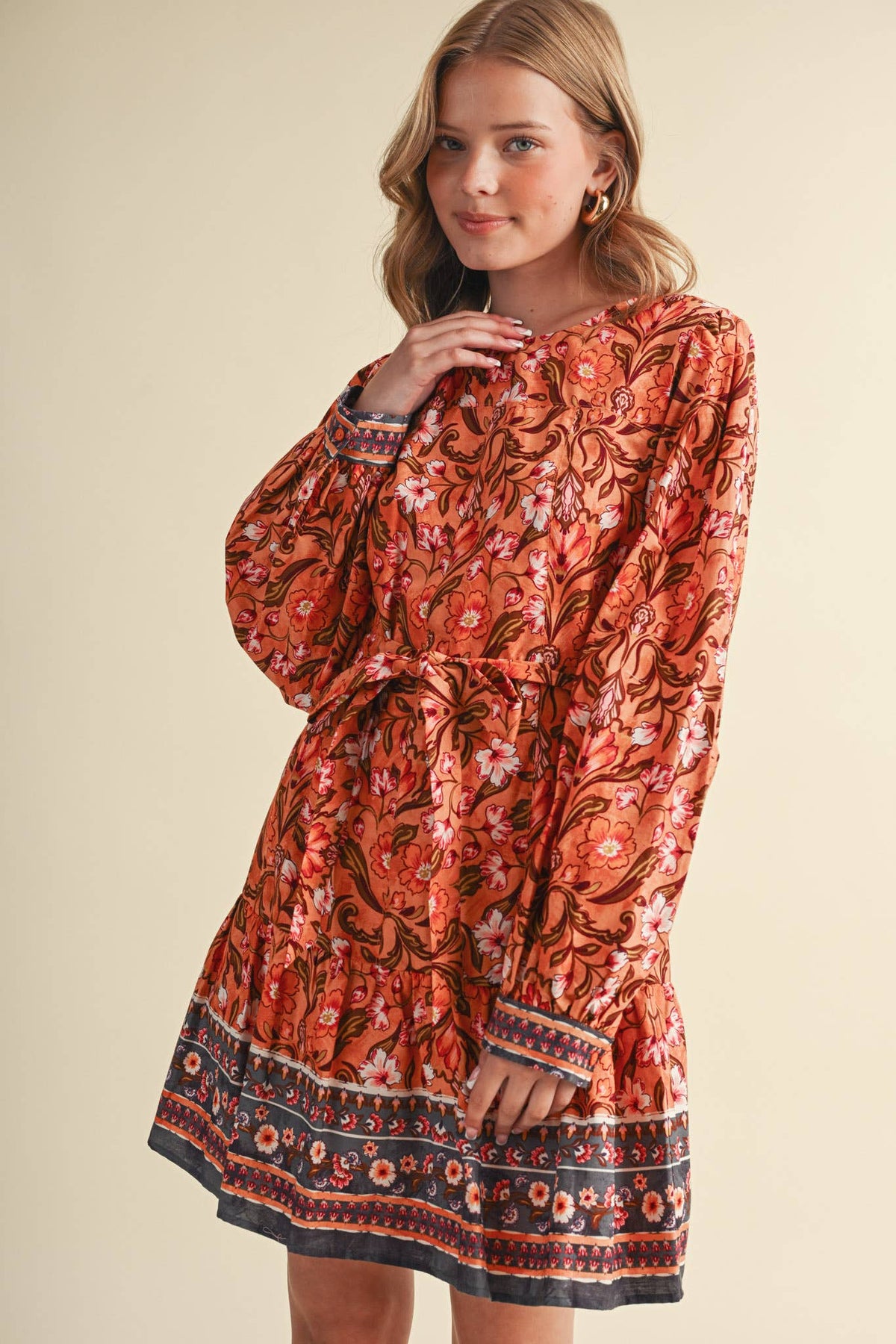 &MERCI Floral Border Print Belted Mini Dress - Brown/Olive Multi