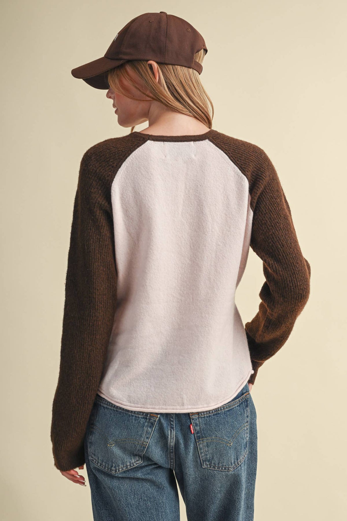 &MERCI Blue/White Sweater Knit Raglan Baseball Tee