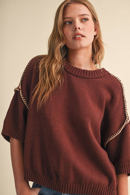 Chocolate Cream Blanket-Stitch Short-Sleeve Sweater