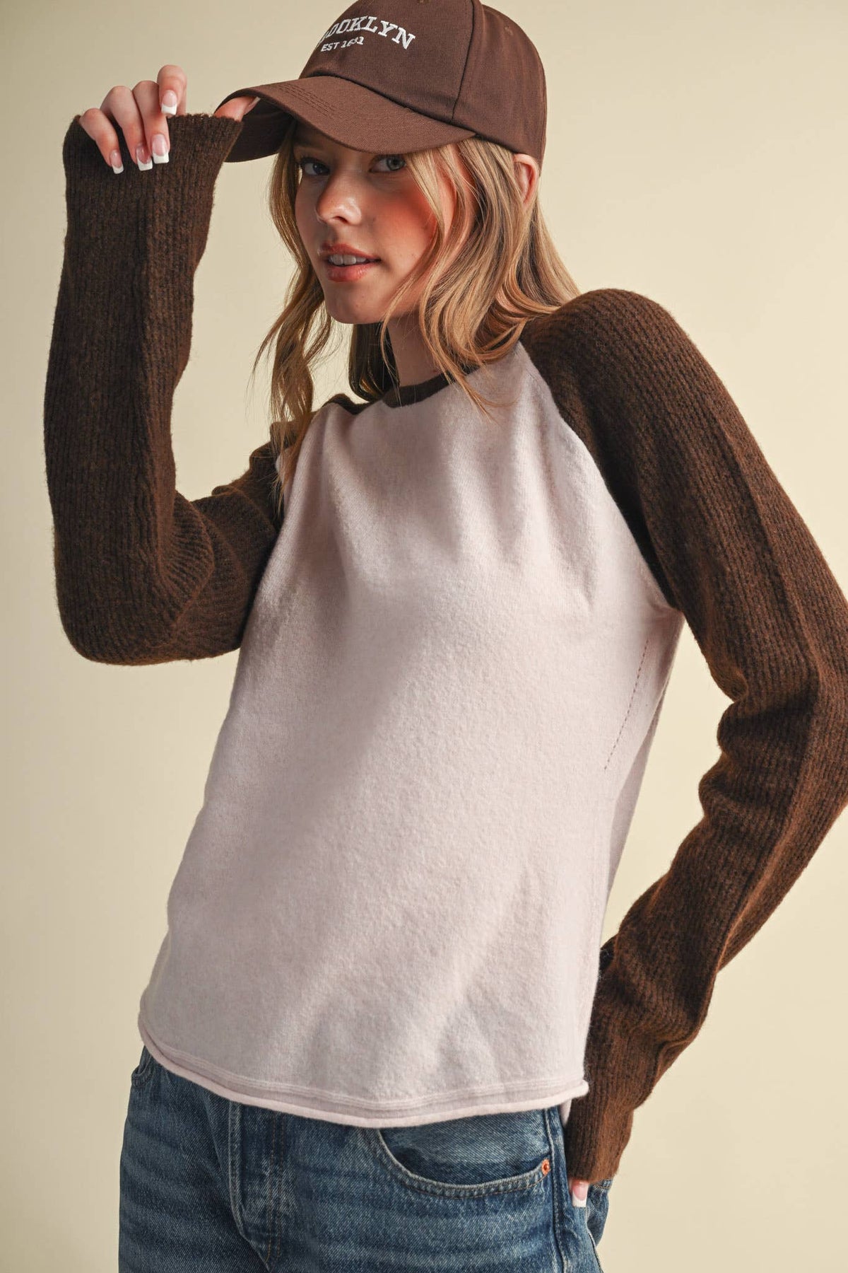 &MERCI Blue/White Sweater Knit Raglan Baseball Tee