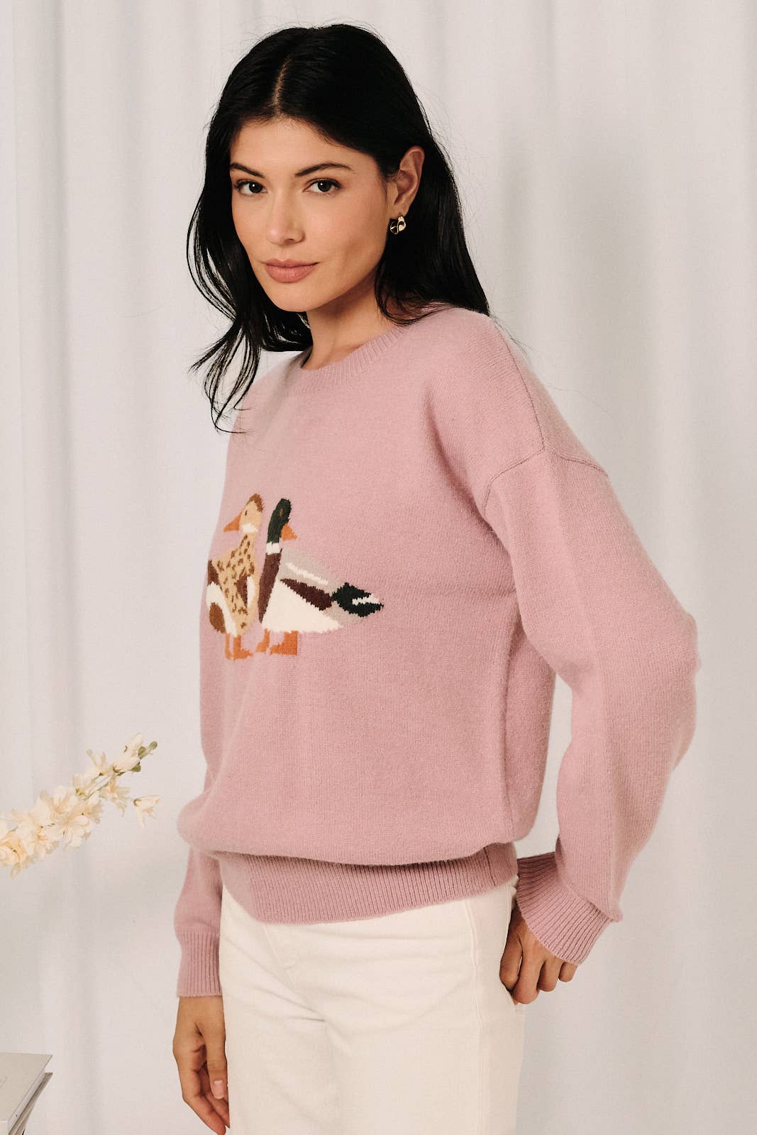 Round Neck Mallard Duck Graphic Long Sleeve Knit Sweater
