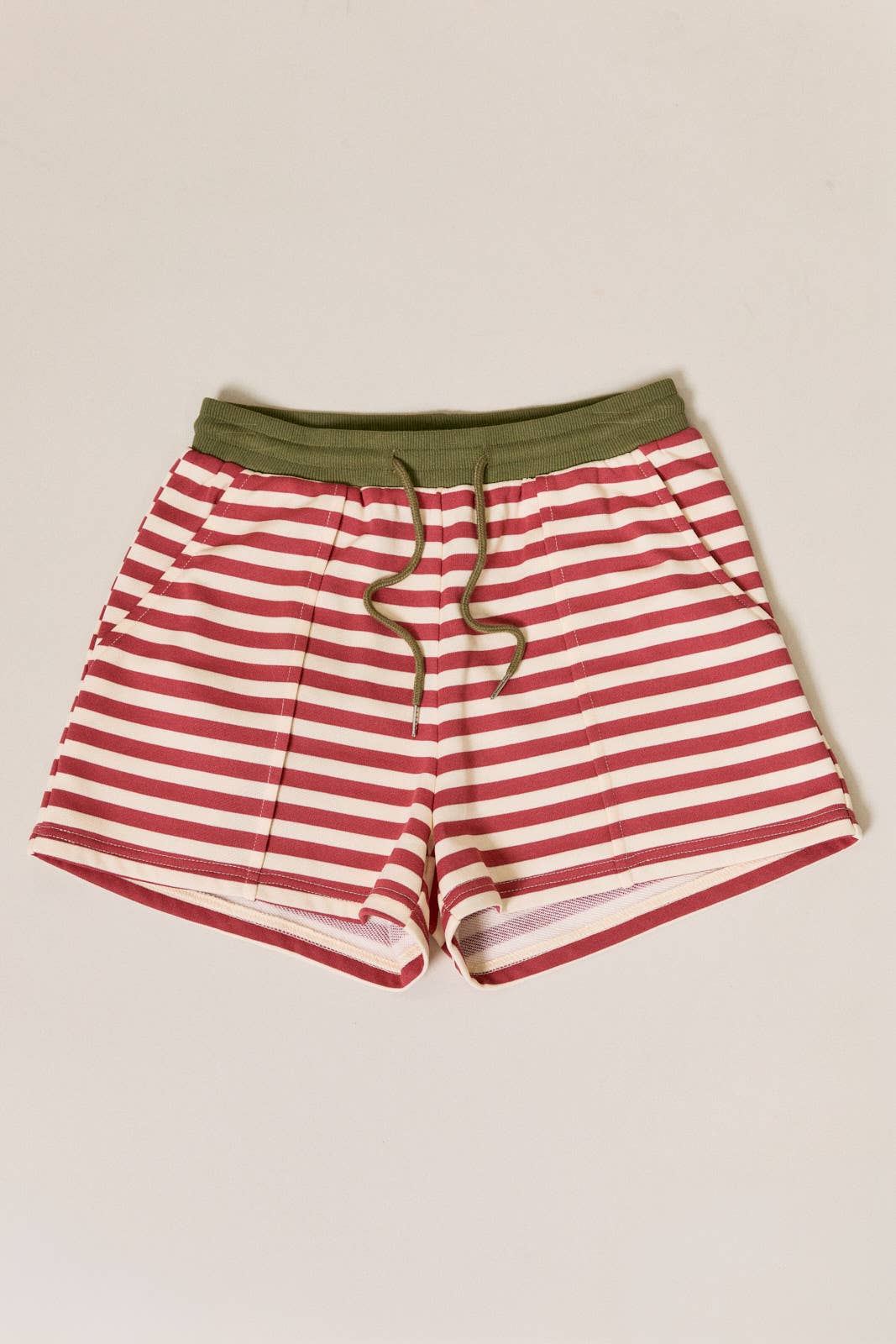 Cream-Mauve Striped Pintuck Sweatshorts
