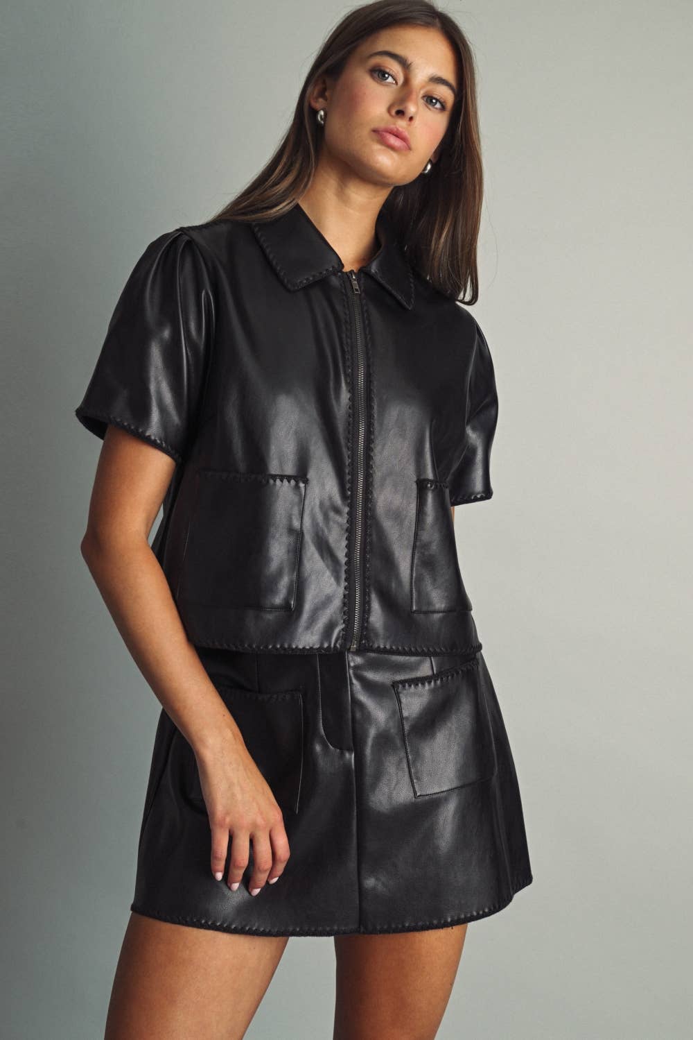 MIOU MUSE Faux Leather Stitch-Detail Mini Skirt - Black