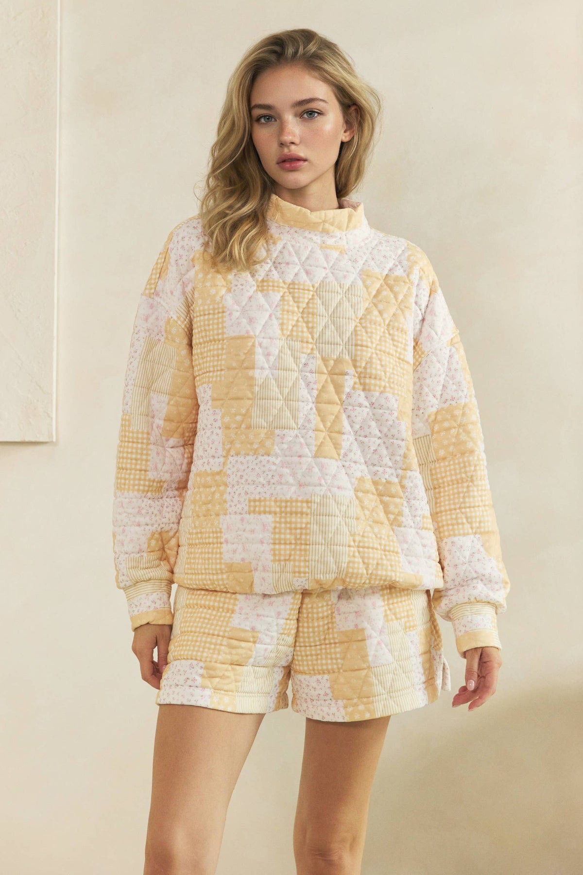 Veveret Pink Patchwork Quilted Mock Neck Pullover