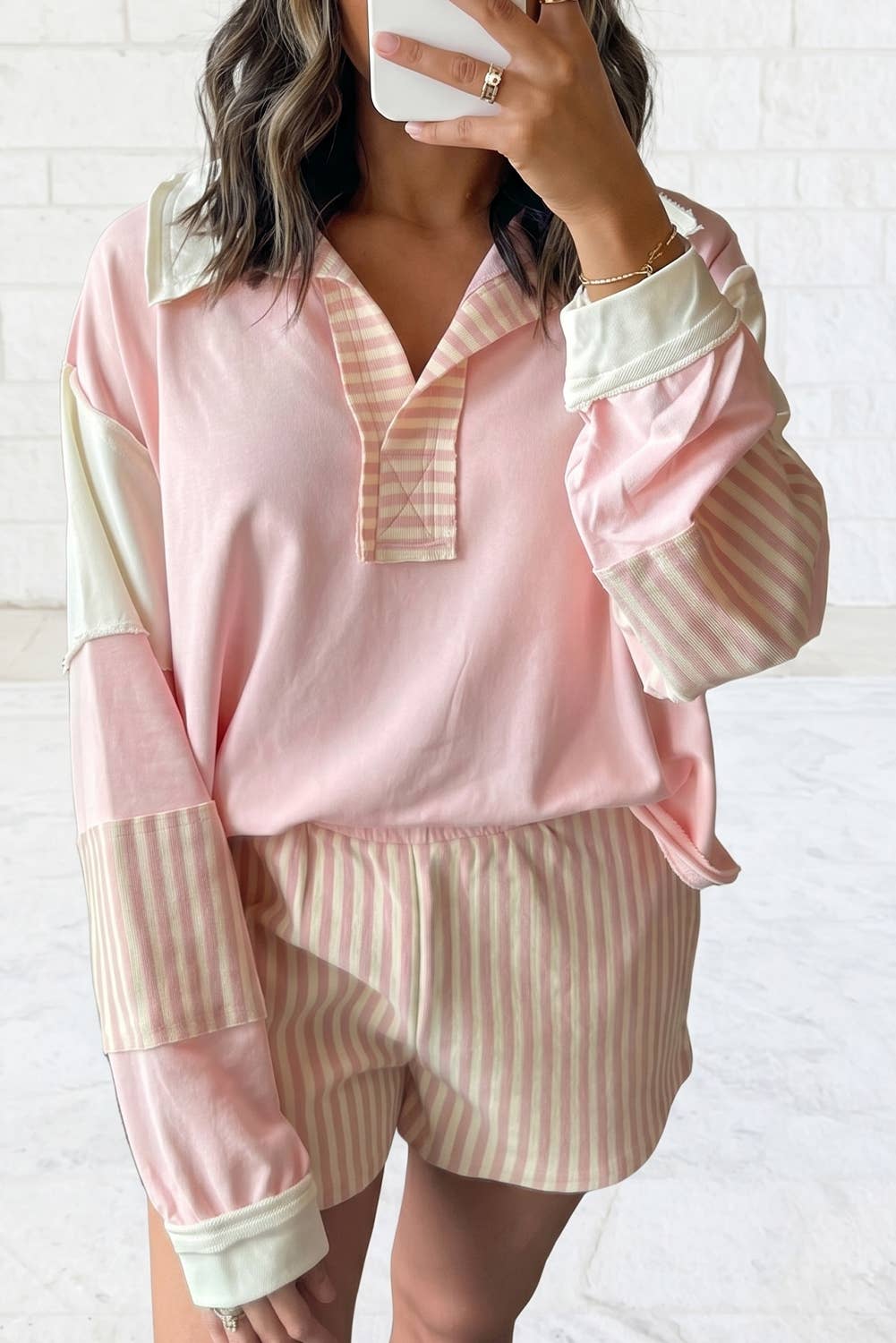 Smoke Green Striped Colorblock Sweatshirt & Shorts Set