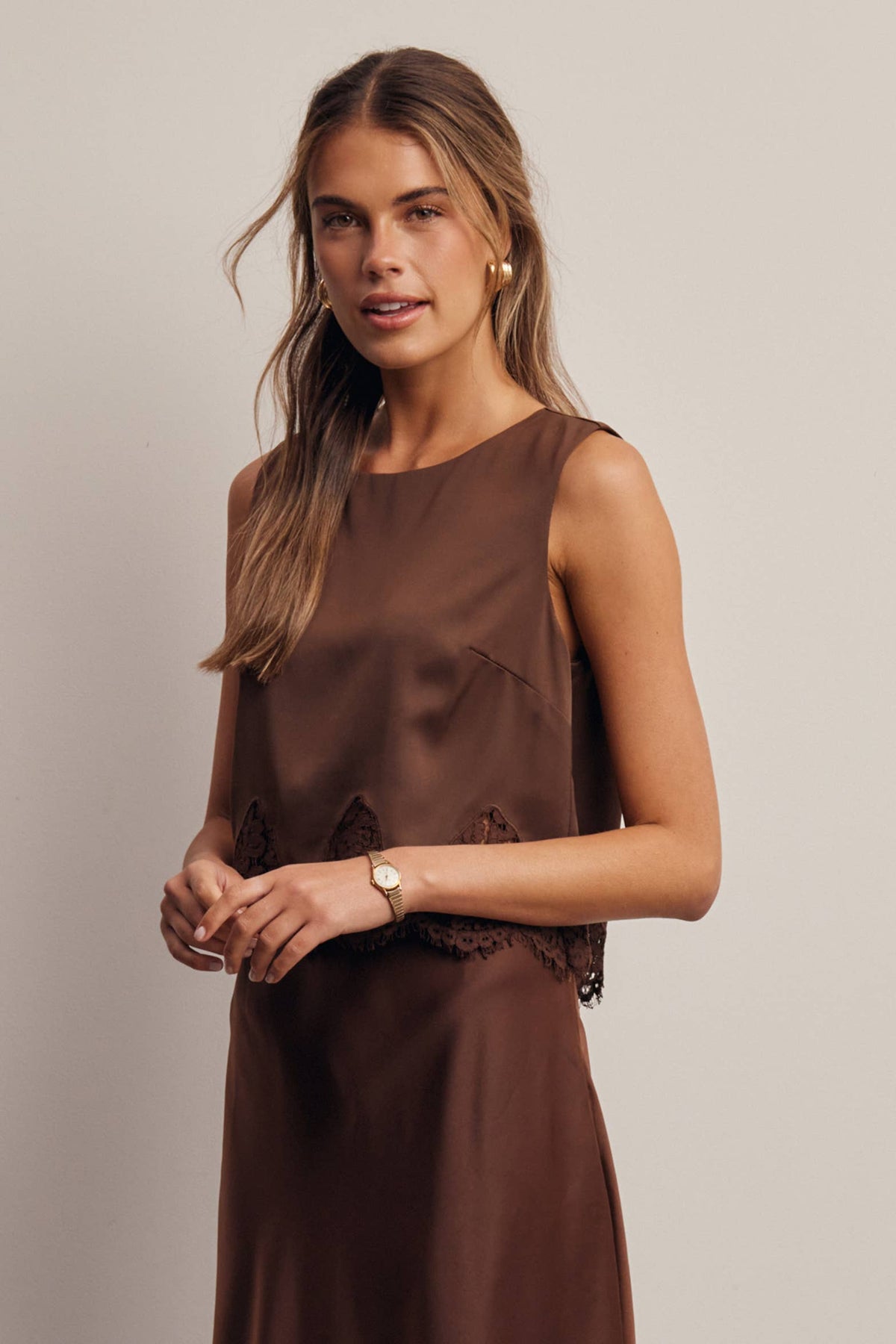 Forte Satin Lace-Hem Sleeveless Top - Slate Blue