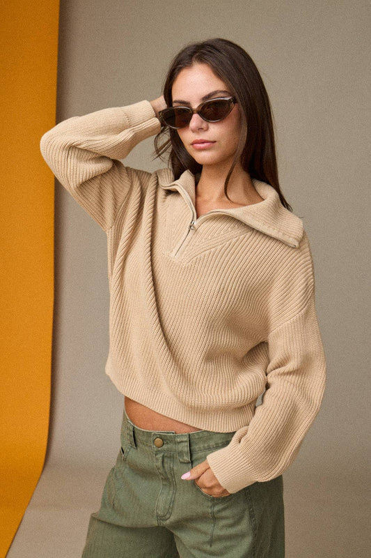 Taupe Chunky Ribbed Half-Zip Sweater