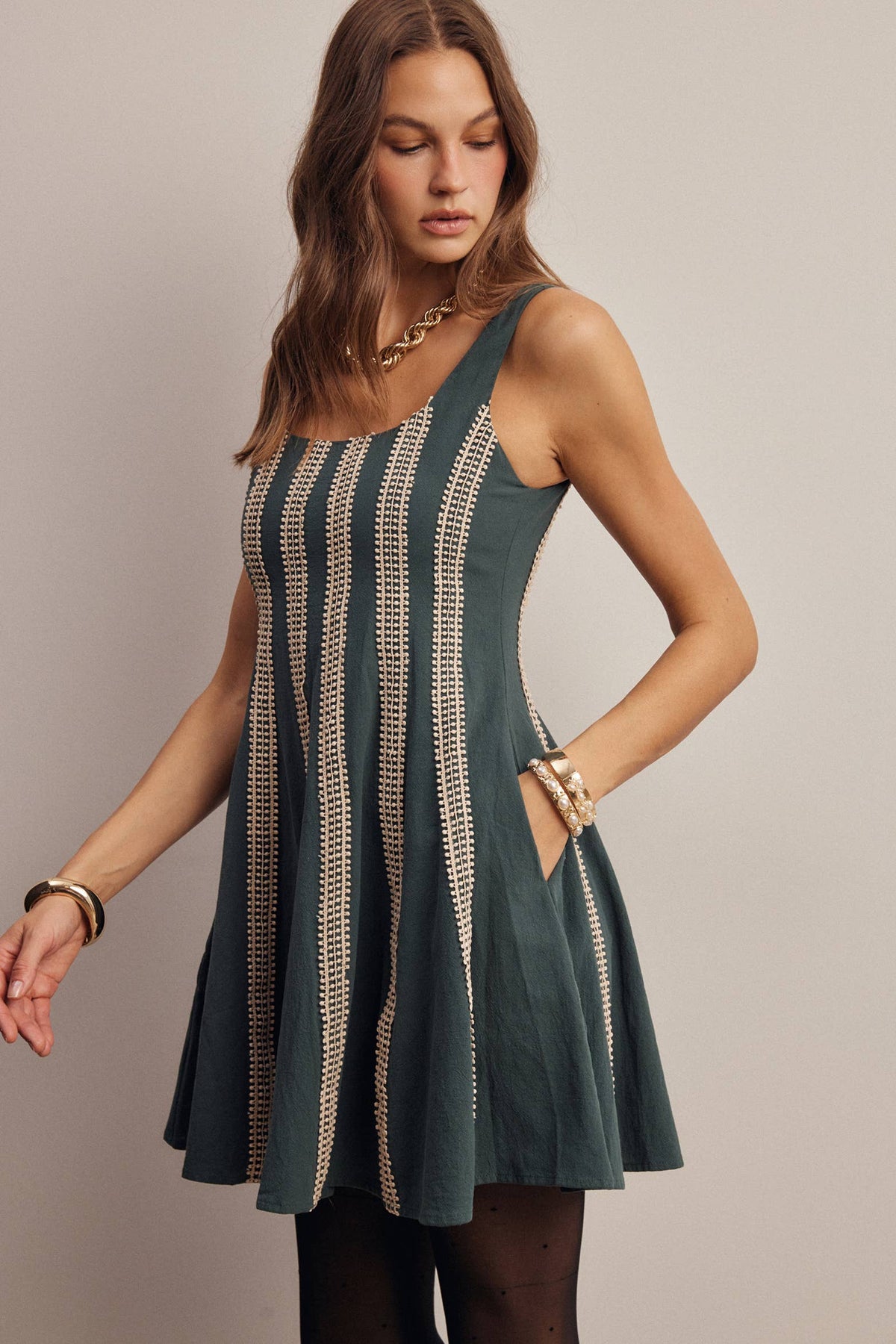 Forte Embroidered Stripe Fit & Flare Mini Dress - Dark Green