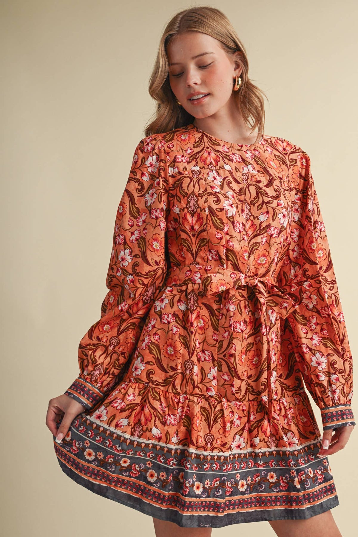 &MERCI Floral Border Print Belted Mini Dress - Brown/Olive Multi