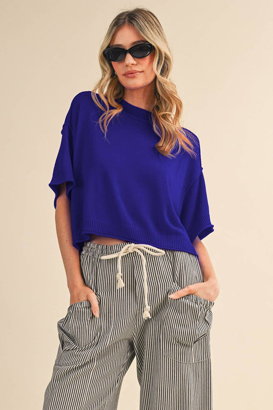 Navy Lightweight Knit Mock-Neck Short-Sleeve Sweater
