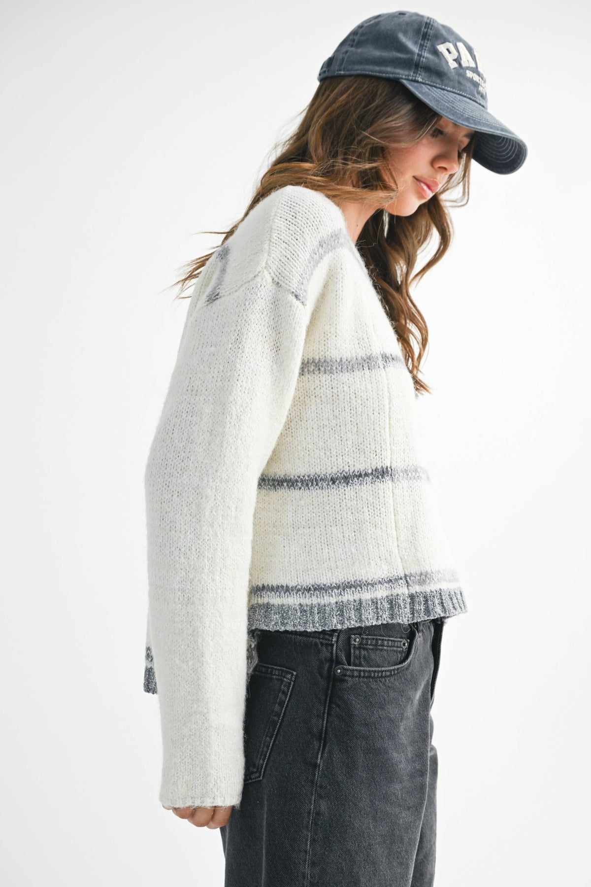 AEMI + CO Mona Striped Knit Pullover Sweater - White/Gray