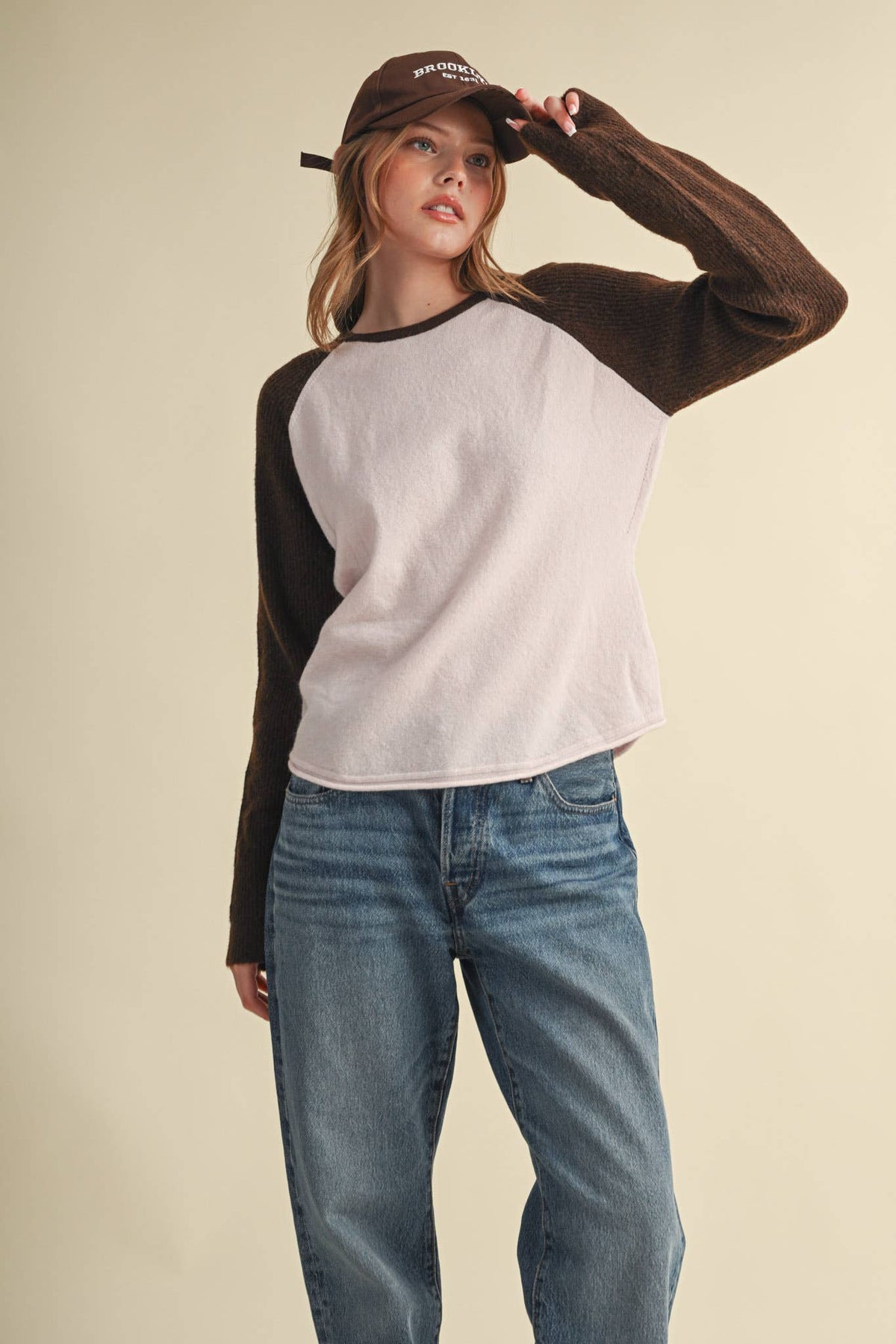 &MERCI Blue/White Sweater Knit Raglan Baseball Tee