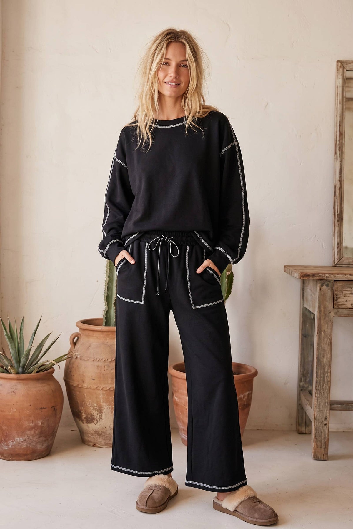 Scuba Contrast-Stitch Pullover & Wide-Leg Pants Set - Black