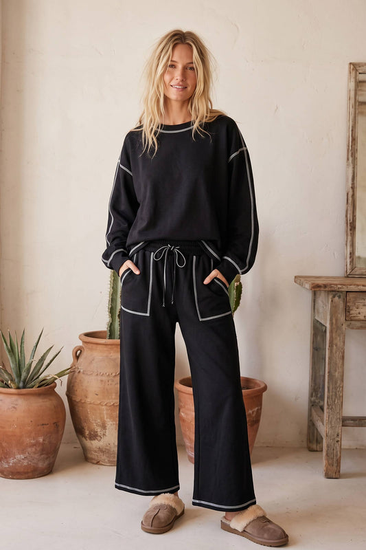 Scuba Contrast-Stitch Pullover & Wide-Leg Pants Set - Black