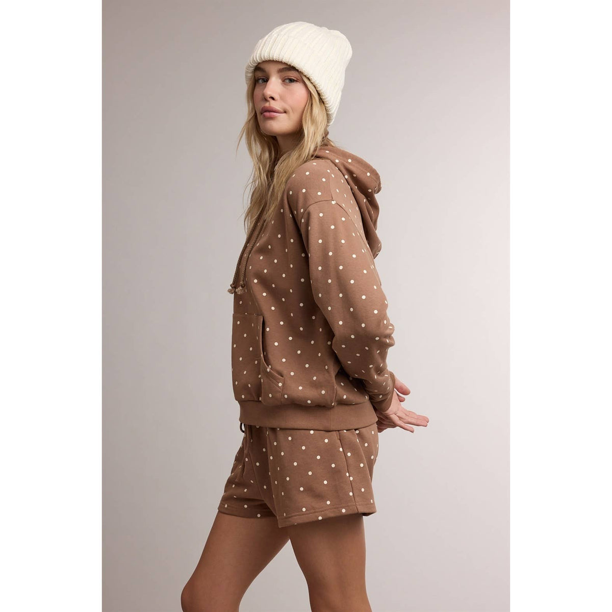 Wishlist Apparel Polka Dot Hoodie & Mini Shorts Set - Mocha/Cream