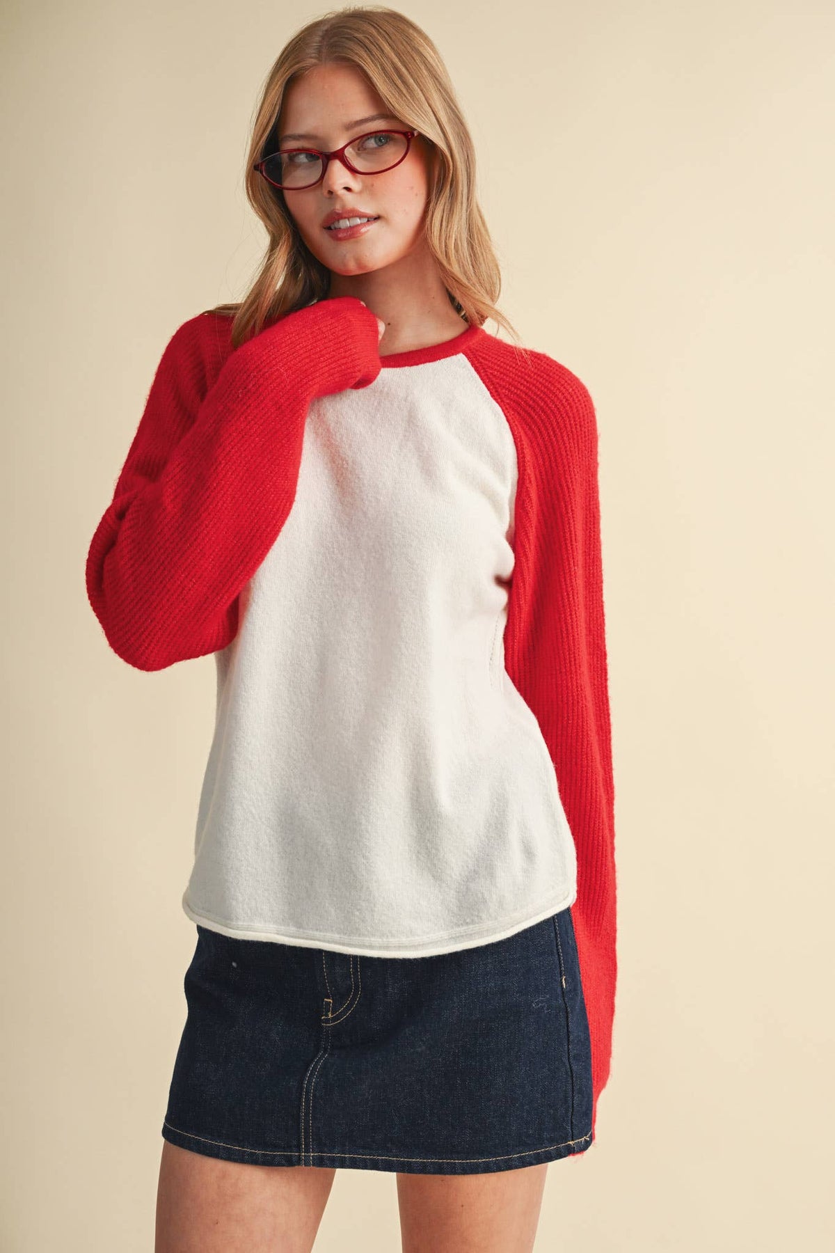 &MERCI Blue/White Sweater Knit Raglan Baseball Tee