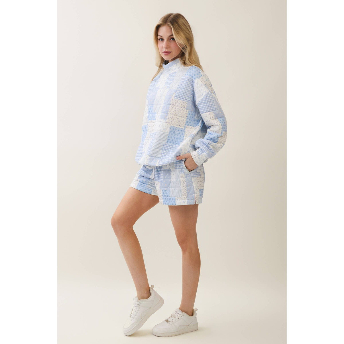 Veveret Pink Patchwork Quilted Mock Neck Pullover