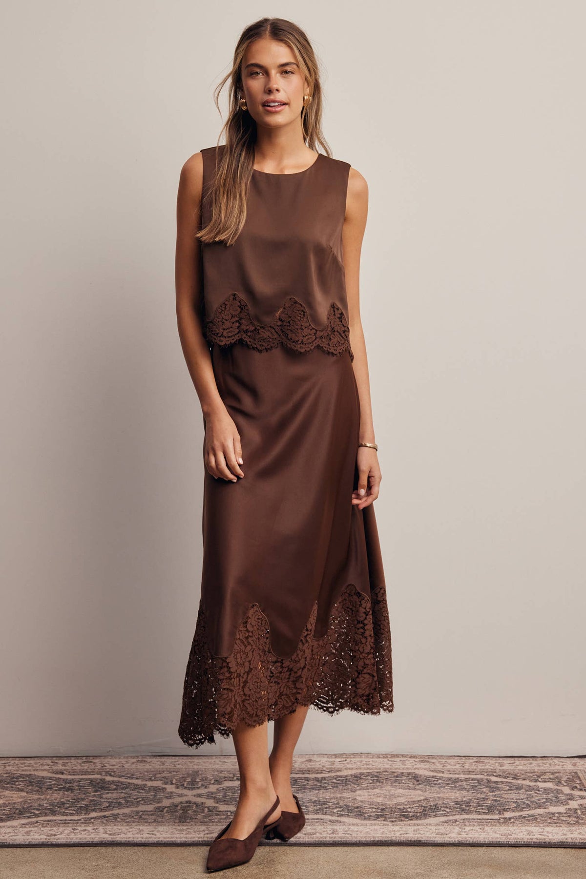 Forte Satin Lace-Hem Sleeveless Top - Slate Blue