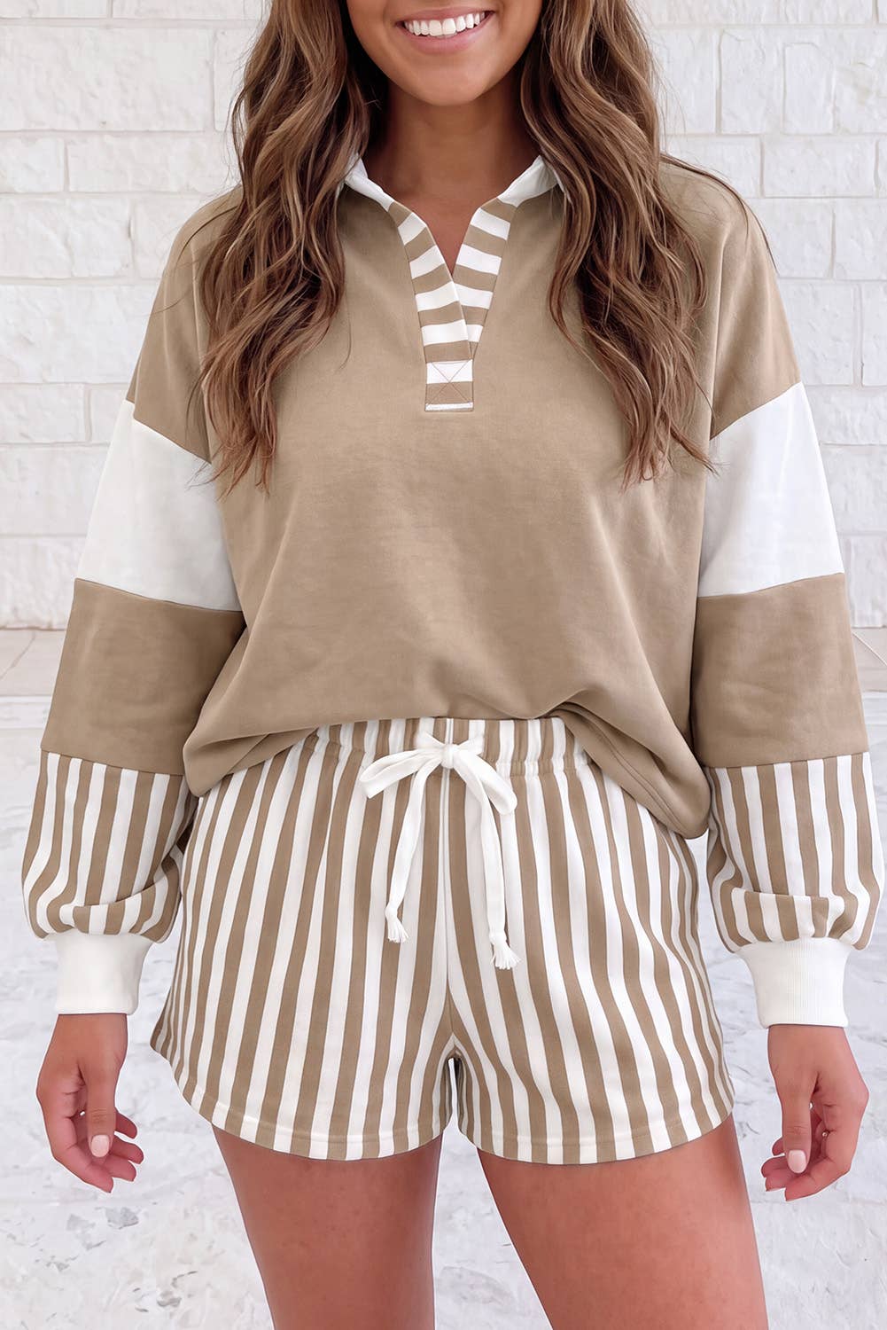 Smoke Green Striped Colorblock Sweatshirt & Shorts Set