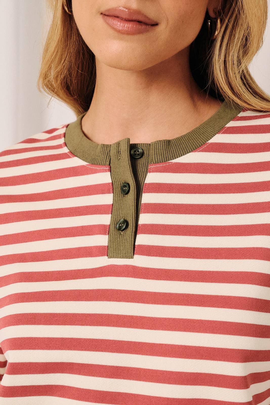 Henley Neck Contrast Trim Striped Sweatshirt