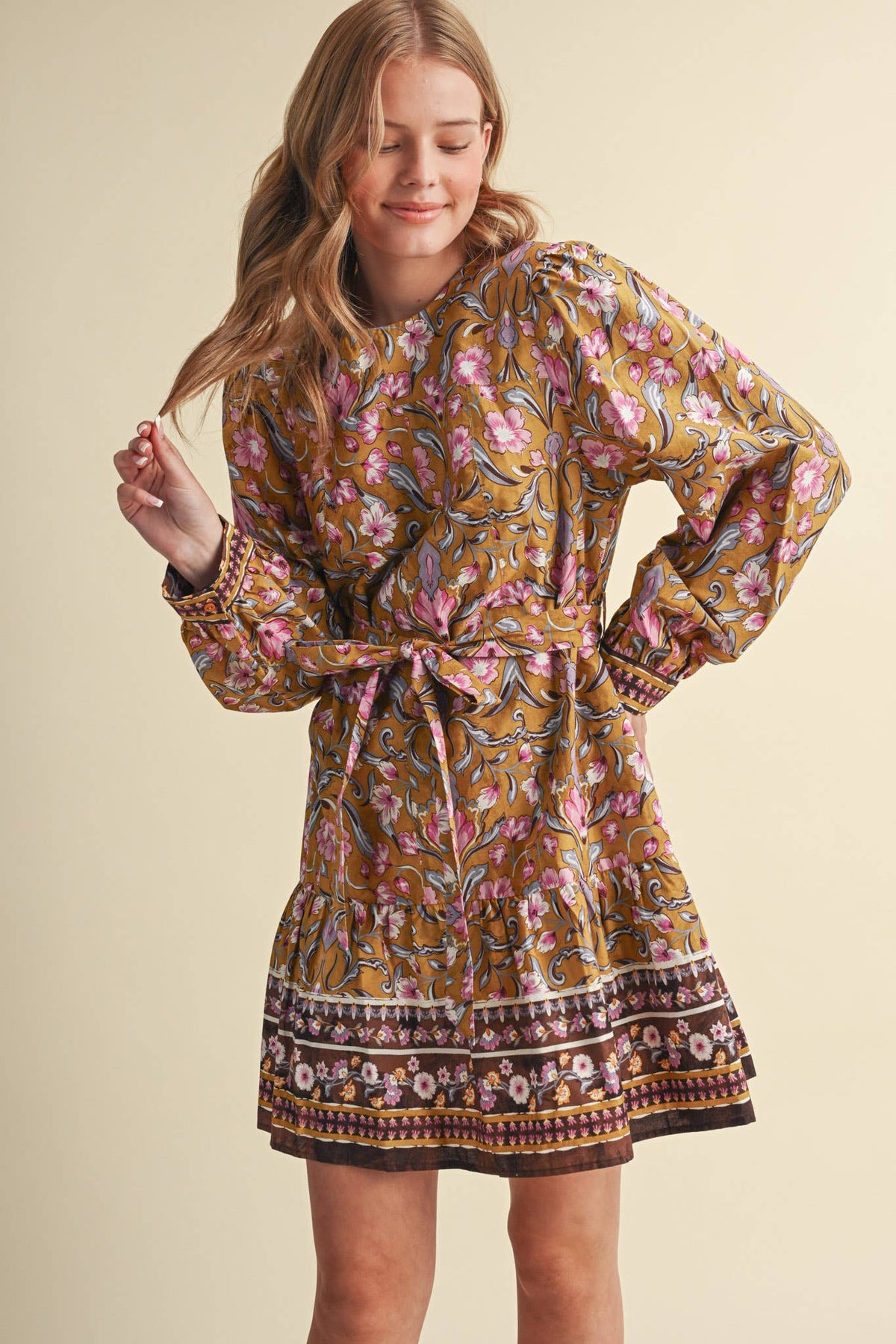 &MERCI Floral Border Print Belted Mini Dress - Brown/Olive Multi