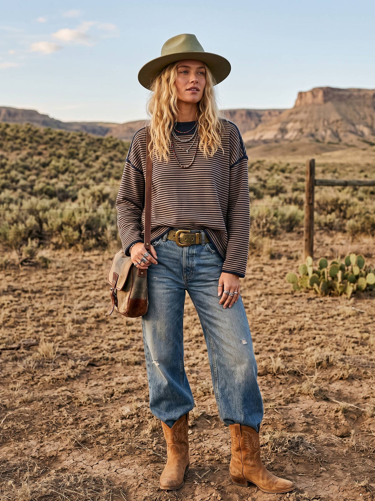 Sewn and Seen Oversized Contrast Trim Striped Top - Taupe/Navy