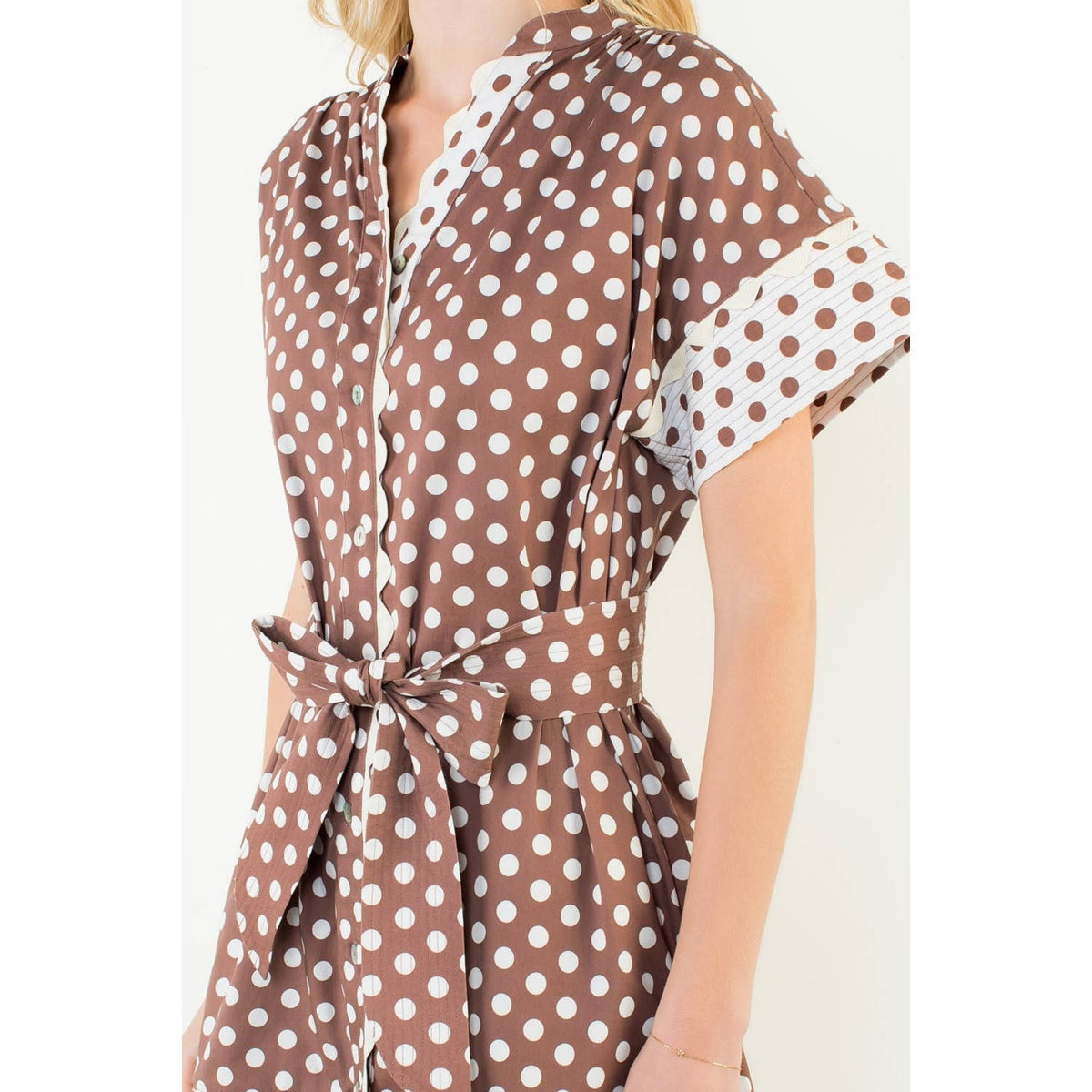 THML Brown Short Sleeve Polka Dot Dress