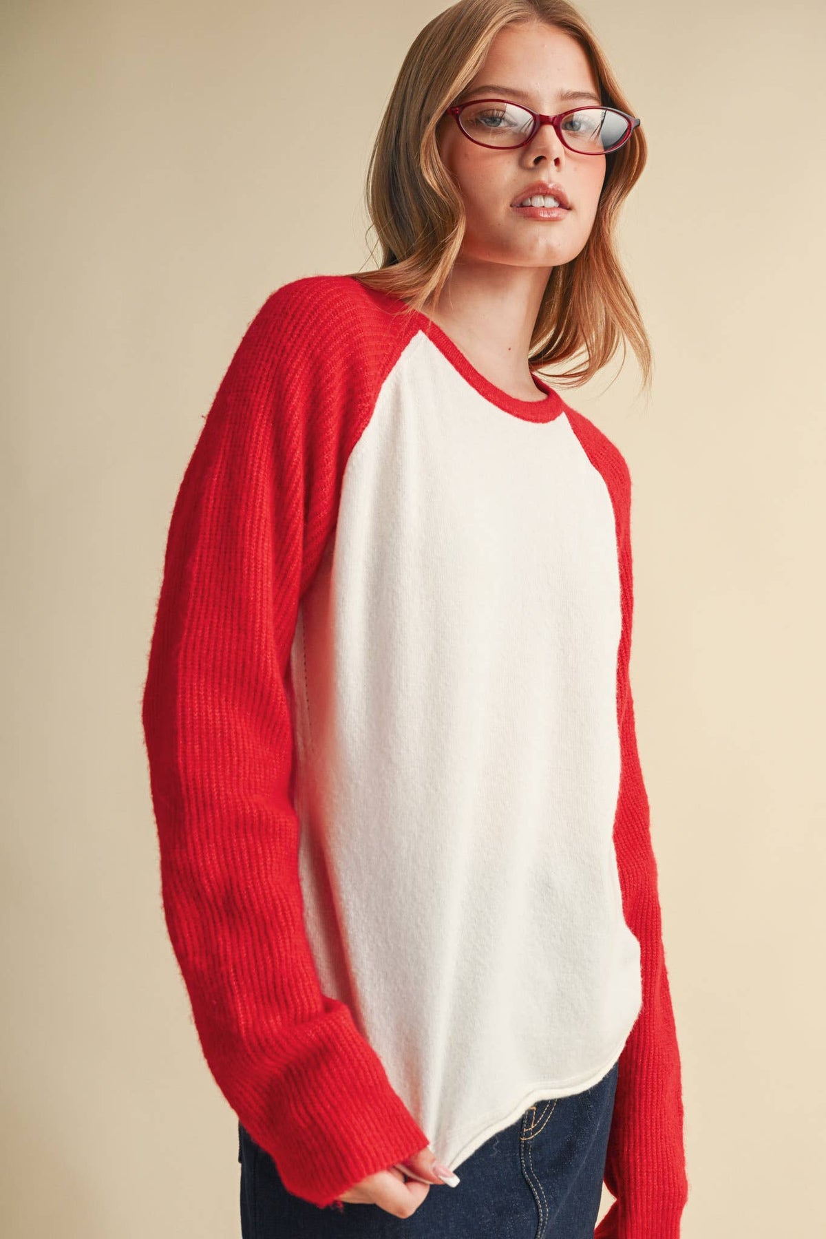 &MERCI Blue/White Sweater Knit Raglan Baseball Tee