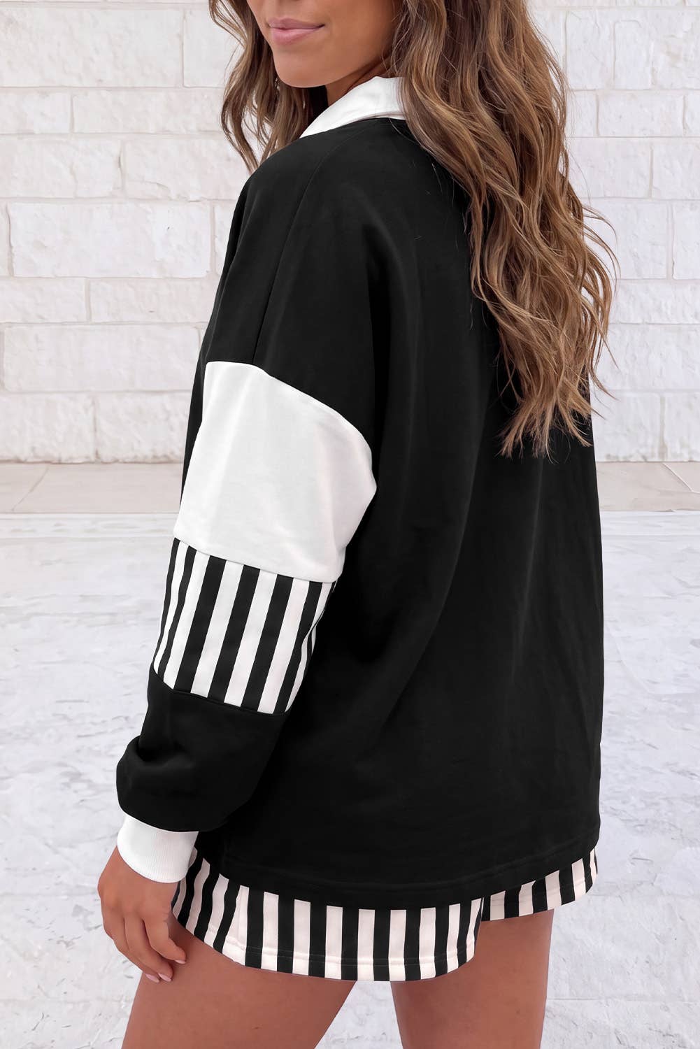 Smoke Green Striped Colorblock Sweatshirt & Shorts Set