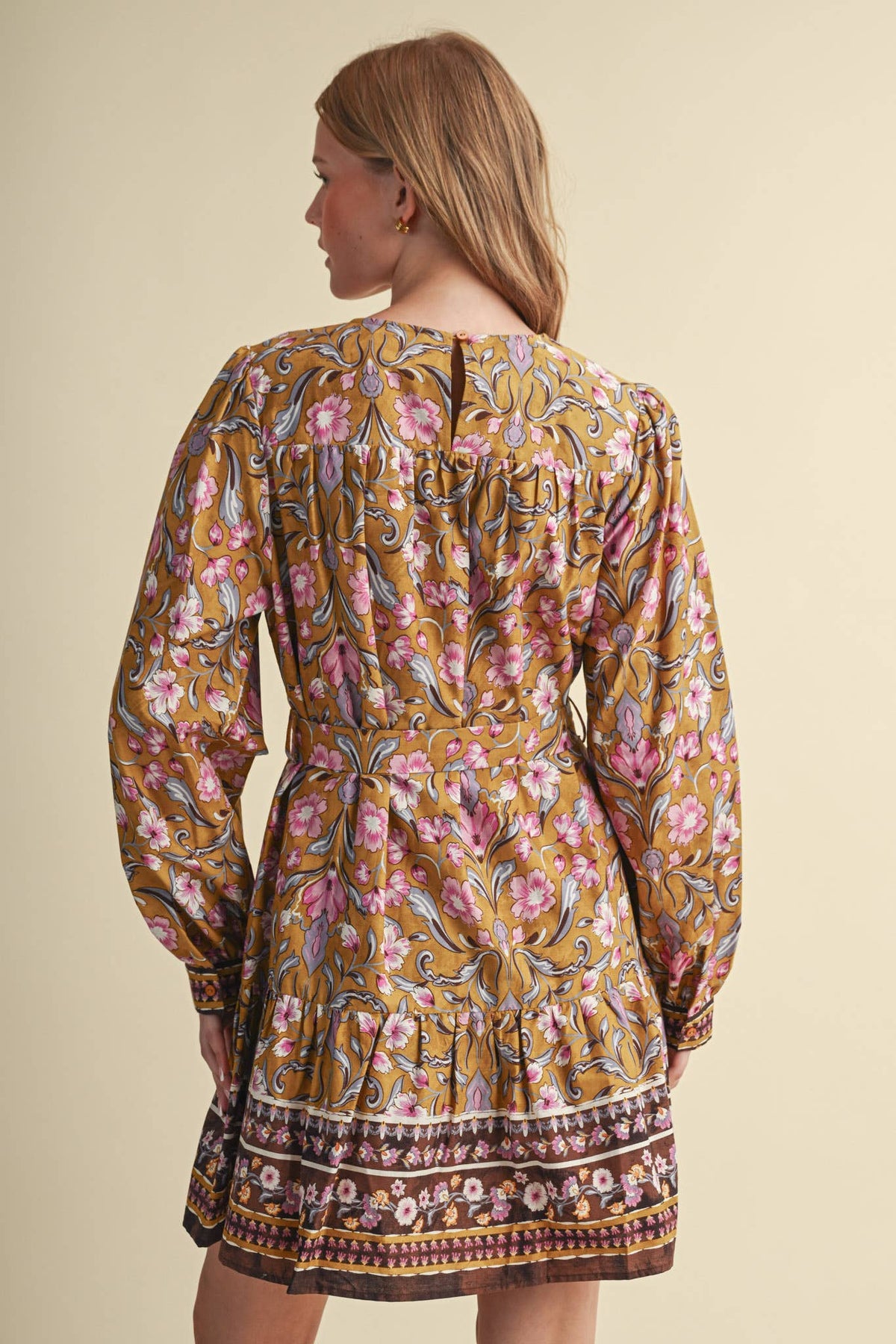 &MERCI Floral Border Print Belted Mini Dress - Brown/Olive Multi