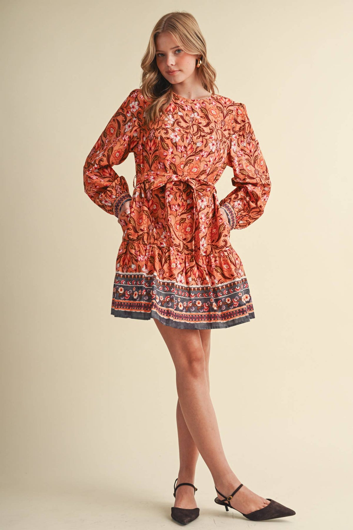 &MERCI Floral Border Print Belted Mini Dress - Brown/Olive Multi