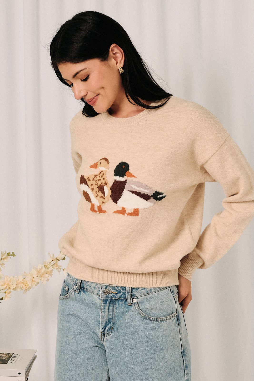Round Neck Mallard Duck Graphic Long Sleeve Knit Sweater