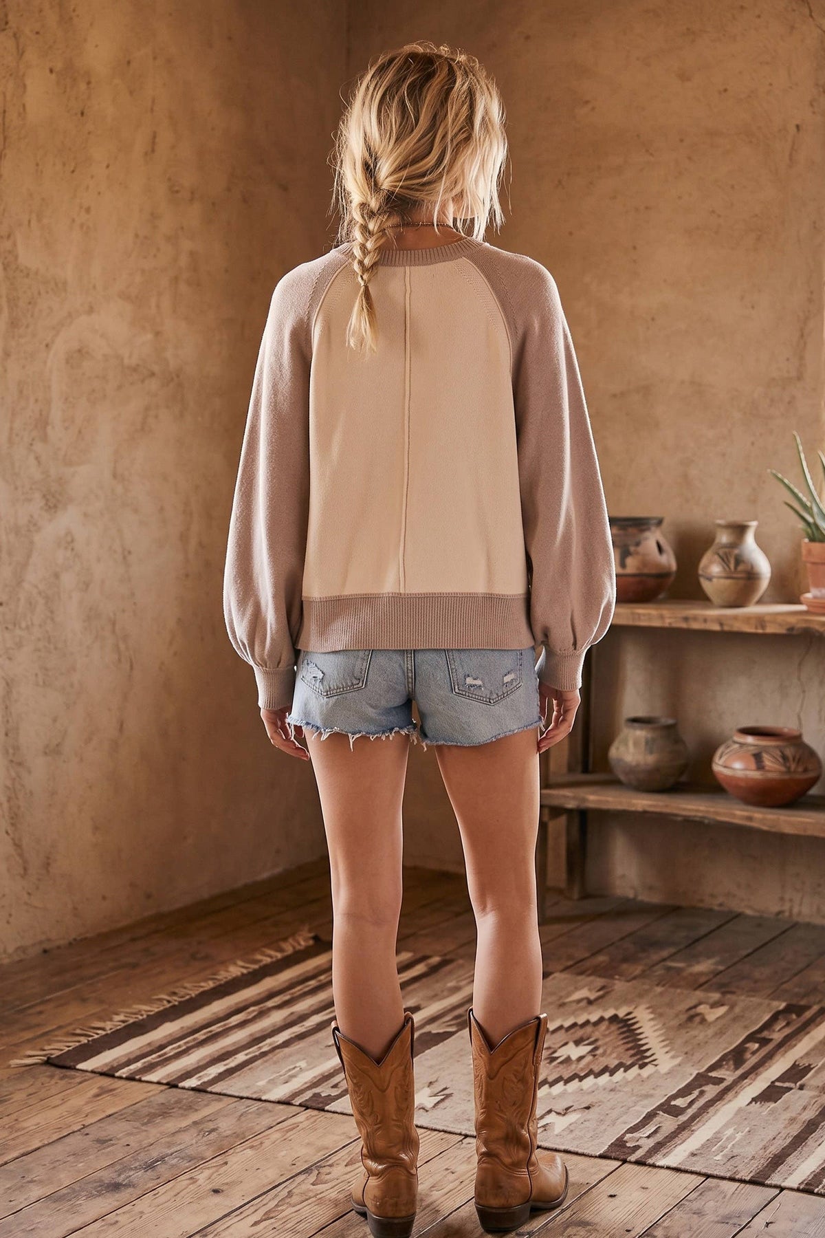 Sewn and Seen Taupe/Cream Color Block Henley Sweater
