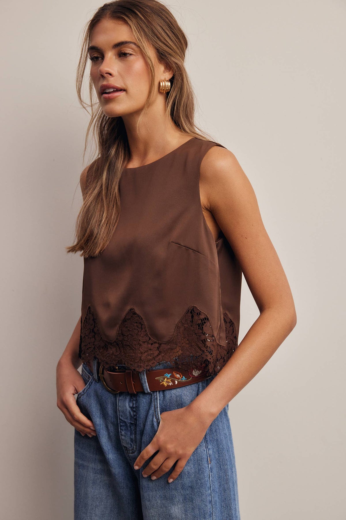 Forte Satin Lace-Hem Sleeveless Top - Slate Blue