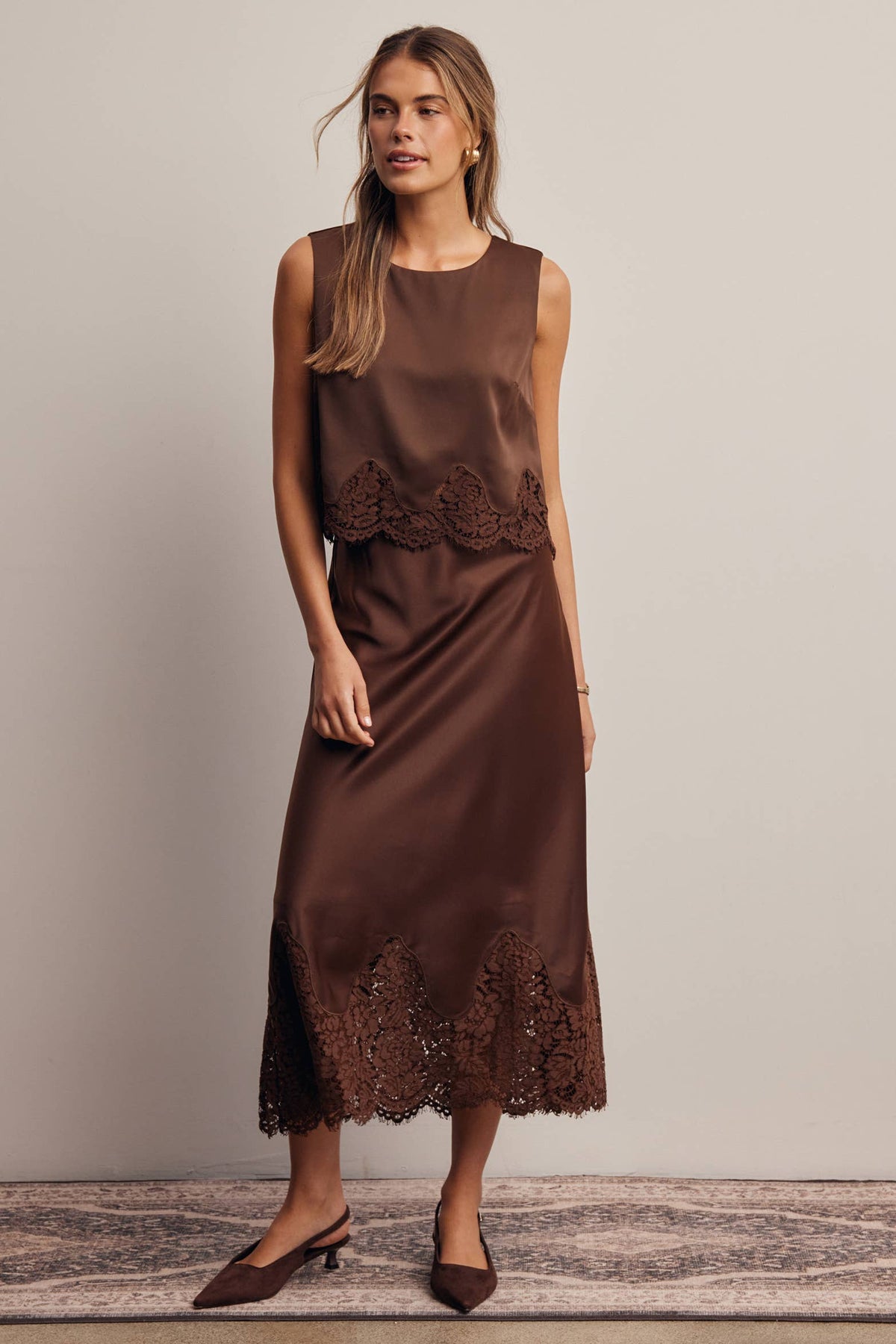 Forte Satin Lace-Hem Sleeveless Top - Slate Blue