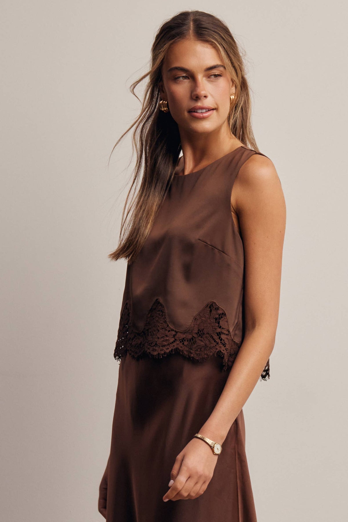 Forte Satin Lace-Hem Sleeveless Top - Slate Blue