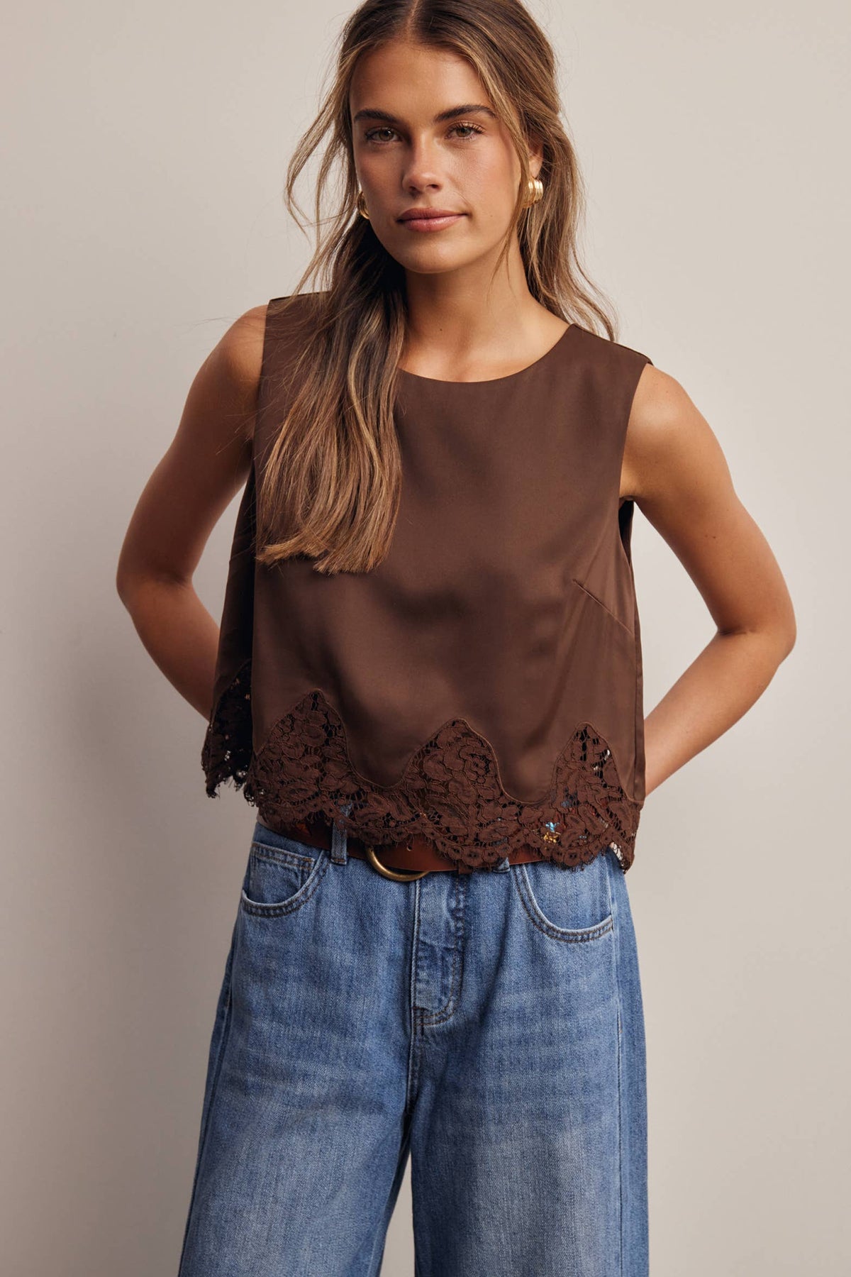 Forte Satin Lace-Hem Sleeveless Top - Slate Blue