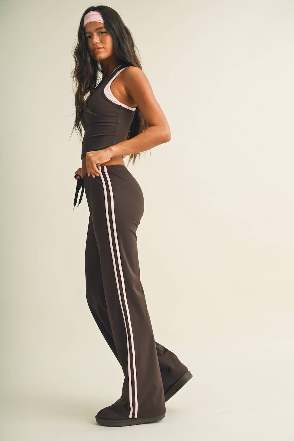 GLOWIE Side Stripe Low-Rise Straight-Leg Pants - Dark Chocolate