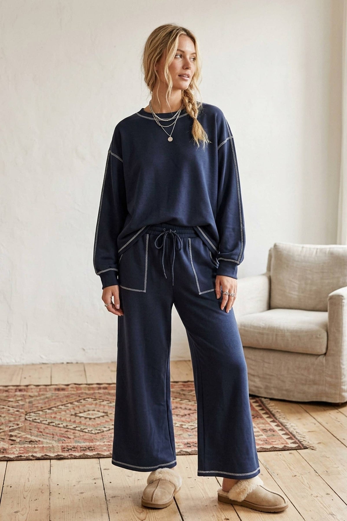 Scuba Contrast-Stitch Pullover & Wide-Leg Pants Set - Black