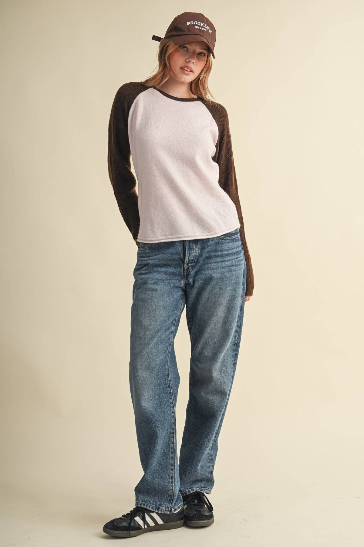 &MERCI Blue/White Sweater Knit Raglan Baseball Tee