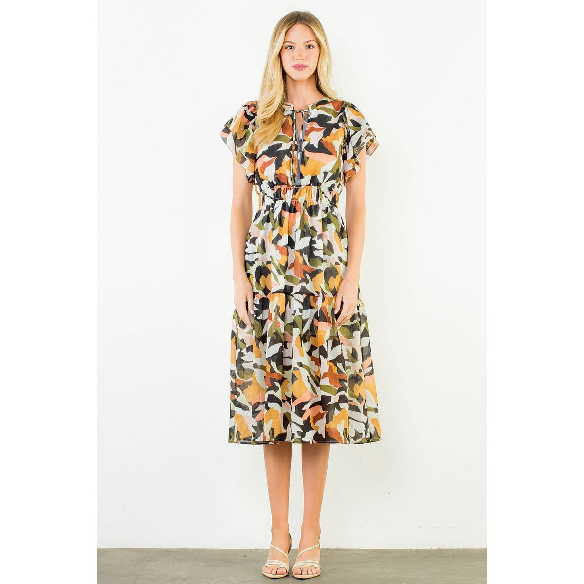THML Olive Abstract Flowy Maxi Dress