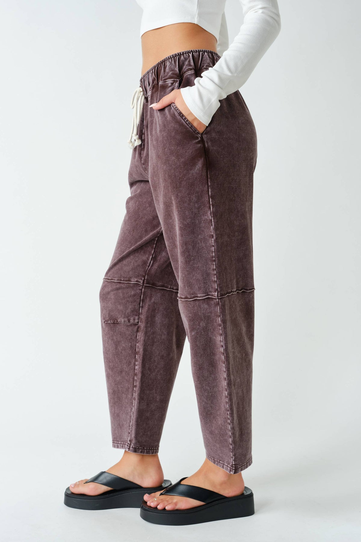 Coffee Bean Mineral-Wash Cropped Straight-Leg Pants