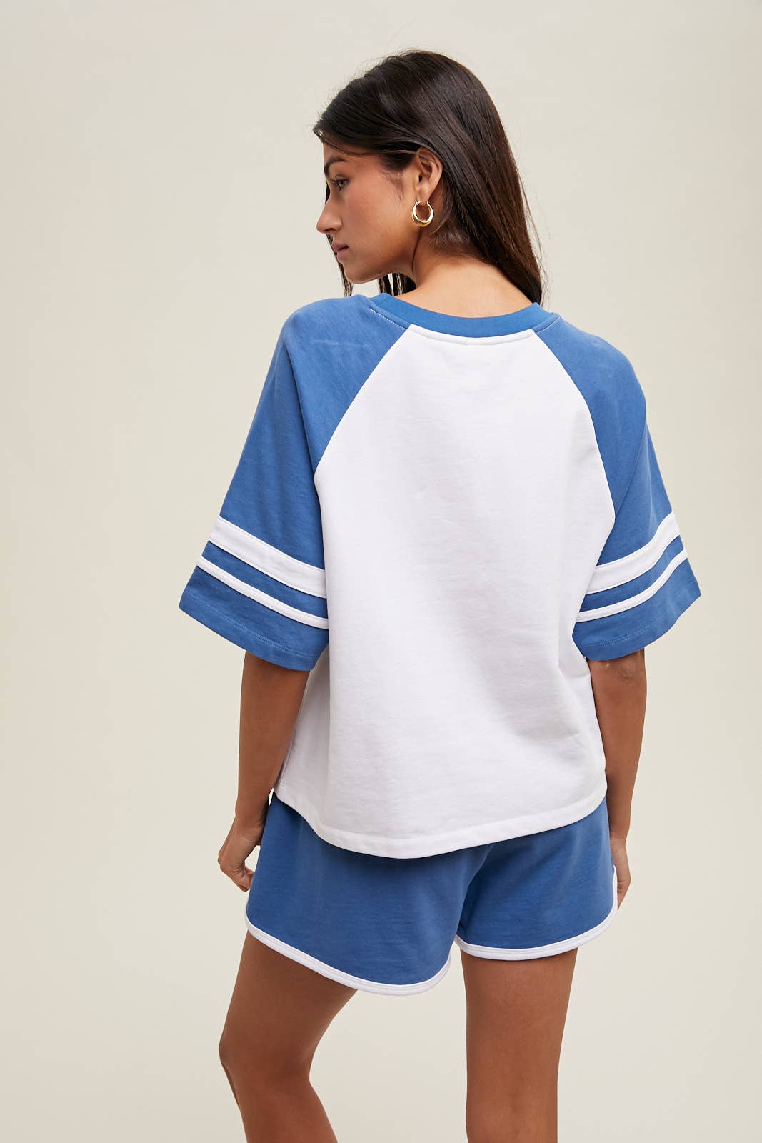White & Blue Contrast Drop-Shoulder Top & Shorts Set