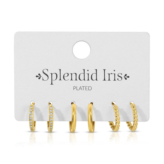 Splendid Iris Gold Huggie Earrings Set of 3 - Pavé, Plain & Twist