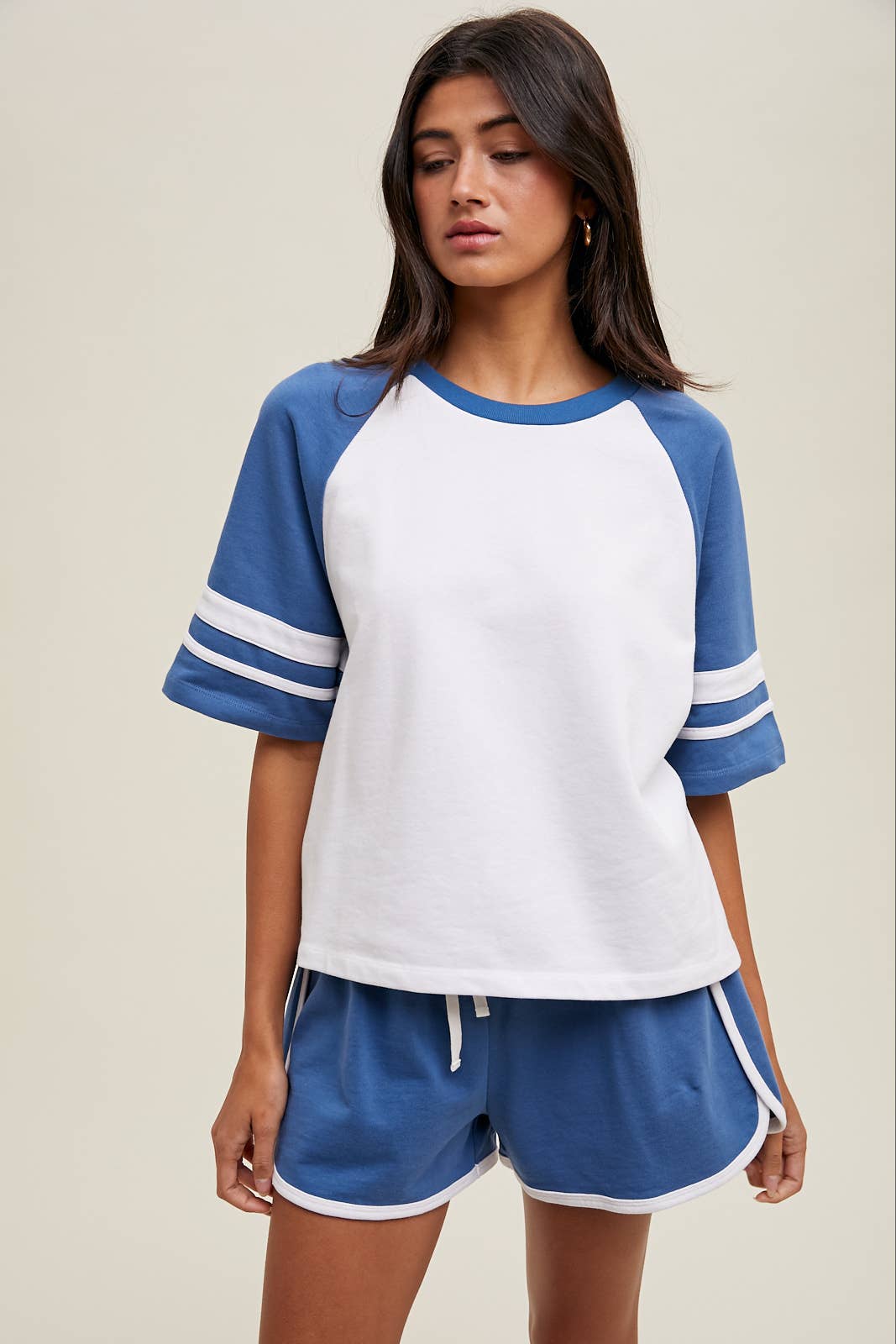 White & Blue Contrast Drop-Shoulder Top & Shorts Set