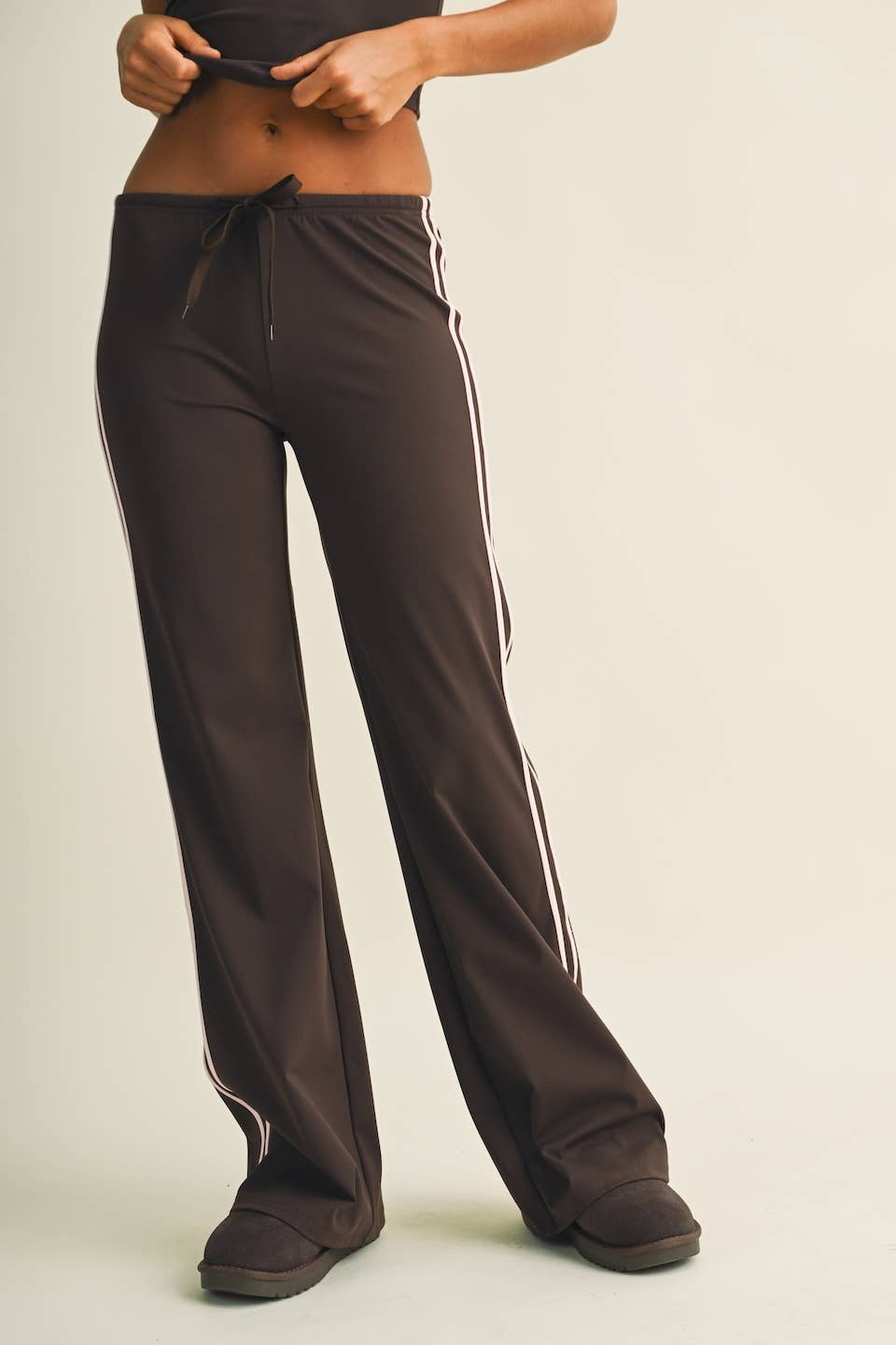 GLOWIE Side Stripe Low-Rise Straight-Leg Pants - Dark Chocolate