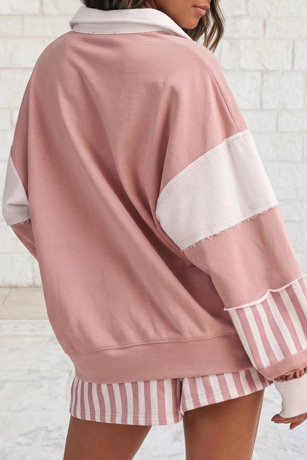 Smoke Green Striped Colorblock Sweatshirt & Shorts Set